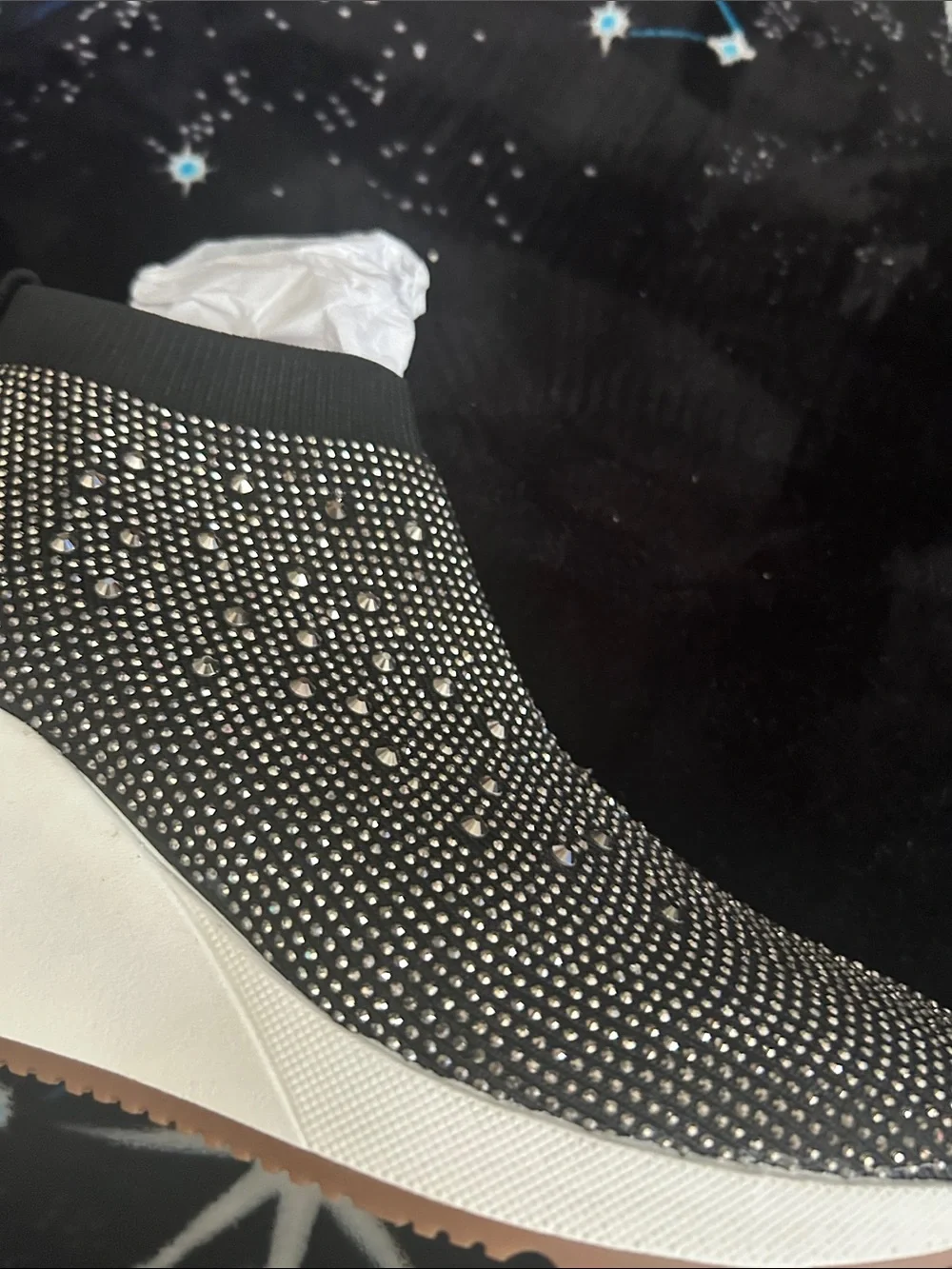 Alex Marie Women's Black Knit Slip-On Sneakers with Crystal Accents